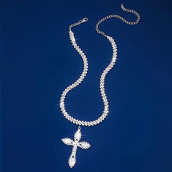 Silver Crystal Cross Choker Necklace Boho Tribal - Picture 4 of 5